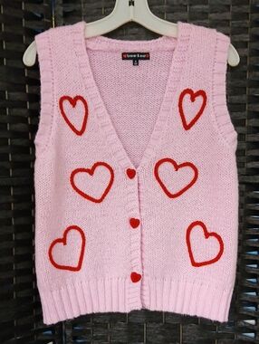 Forever & Ever Pink Knit Heart Cardigan Vest Womens SZ S